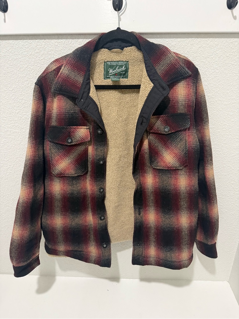 Woolrich Red and Black Plaid Sherpa-Lined Shirt Jacket